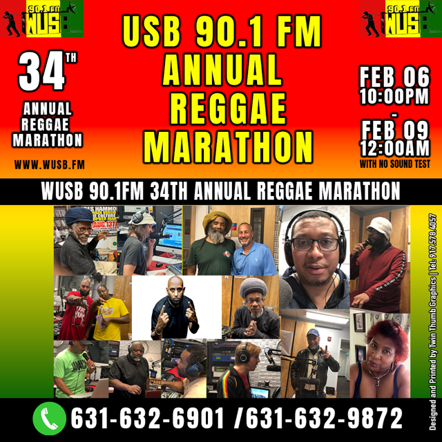 A graphic promoting the Reggae Marathon with pictures of participants from years past. 